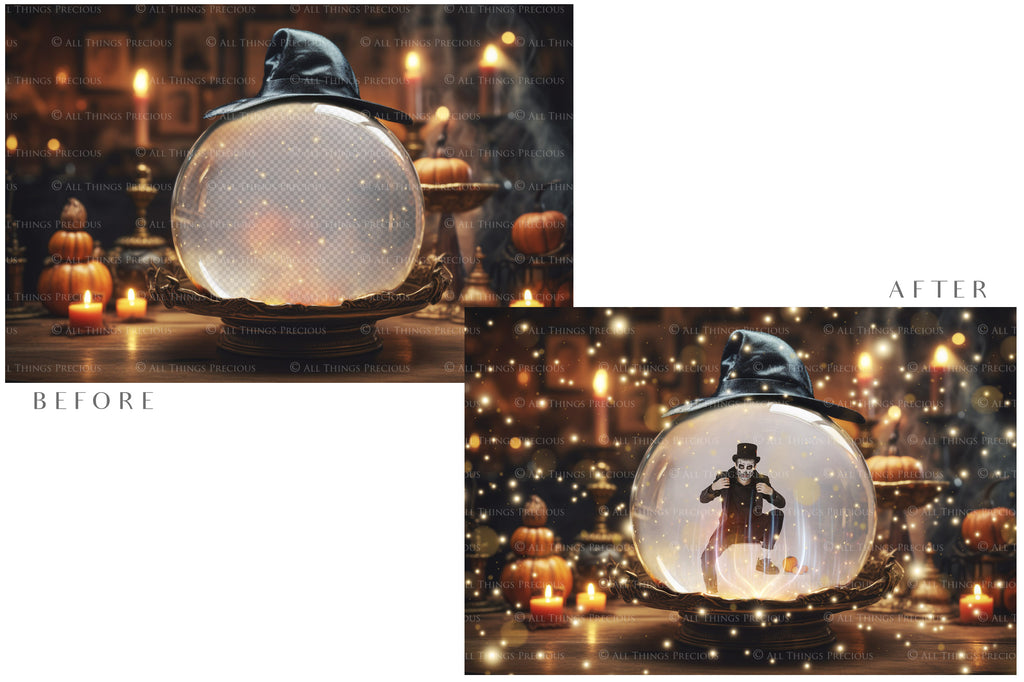 Magical Halloween Template Background. Snow globe with overlays. Add a photo to the digital background. Glass Effect Ornament bauble. Jpeg and Png copies. With magic overlays included. High resolution, quality files for photography, scrapbooking.