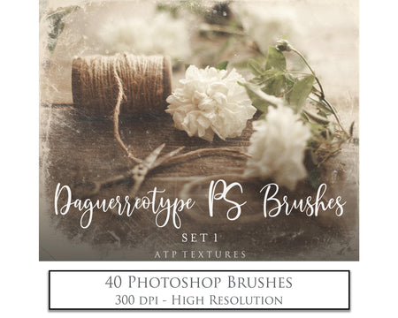 Vintage daguerreau Photoshop Brushes includes 40 high resolution frames and textures, all different and unique! Photoshop brushes with overlays for photography and digital design. Digital Stamps for scrapbooking, old aged photo edits. Realistic fine art assets and Add ons. ATP Textures