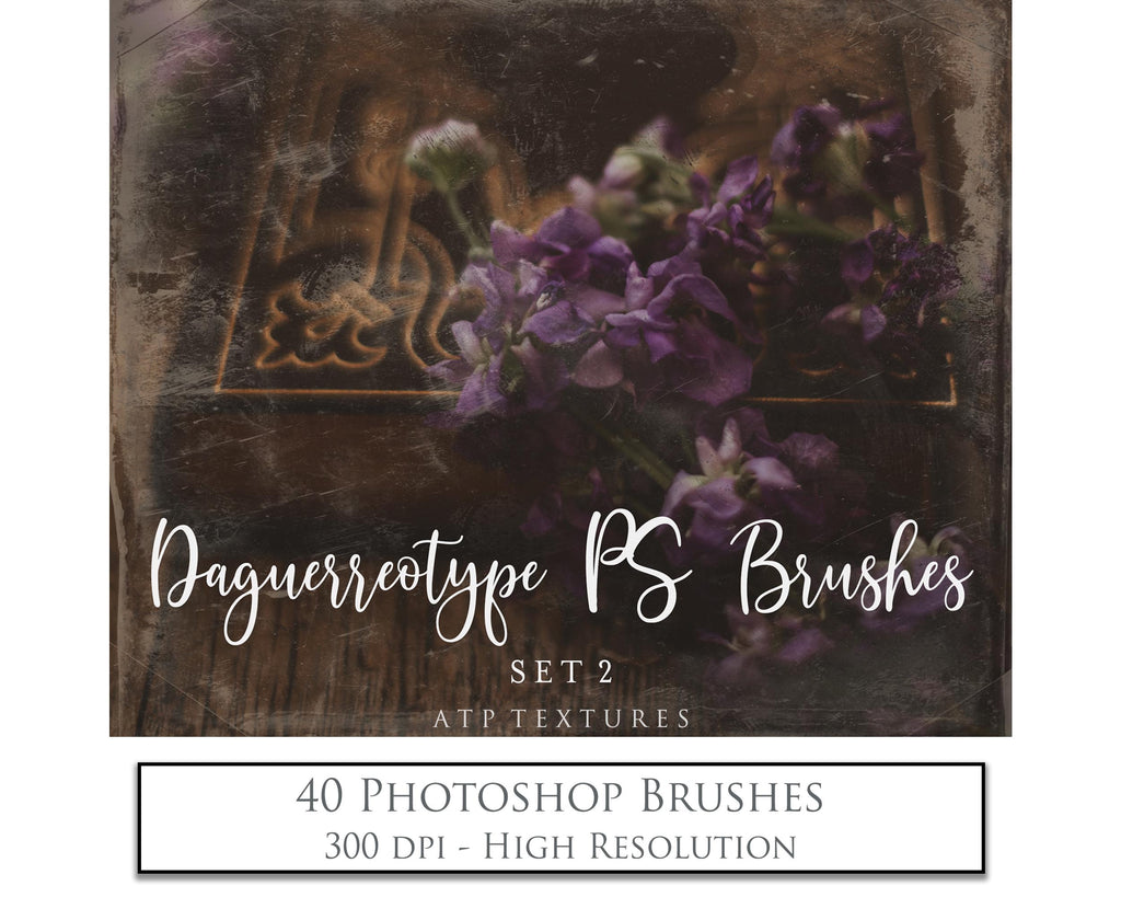 Vintage daguerreau Photoshop Brushes includes 40 high resolution frames and textures, all different and unique! Photoshop brushes with overlays for photography and digital design. Digital Stamps for scrapbooking, old aged photo edits. Realistic fine art assets and Add ons. ATP Textures