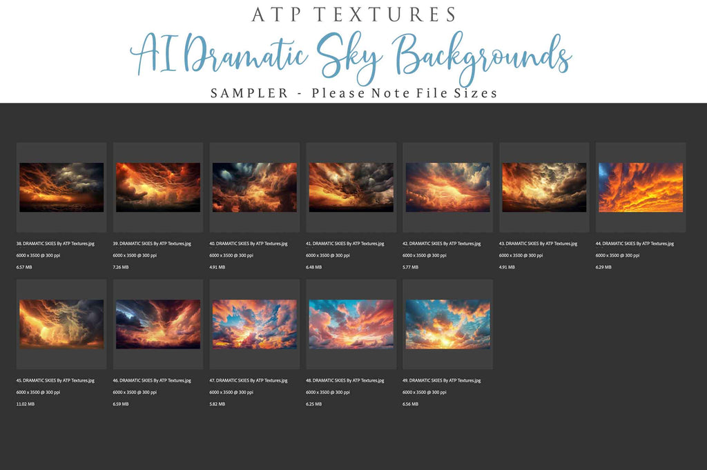 Dramatic Sky Overlays. Digital Backgrounds for Photographers. Add to your images for a dramatic sky effect. Each Digital file is 300dpi. All are 3500x6000.  These are in Jpeg format and high resolution. Find more at ATP Textures store!