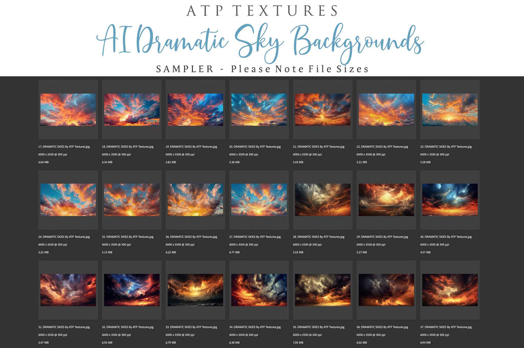 Dramatic Sky Overlays. Digital Backgrounds for Photographers. Add to your images for a dramatic sky effect. Each Digital file is 300dpi. All are 3500x6000.  These are in Jpeg format and high resolution. Find more at ATP Textures store!