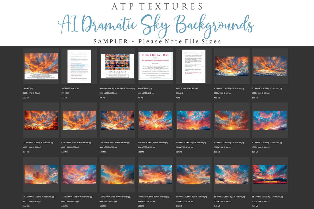 Dramatic Sky Overlays. Digital Backgrounds for Photographers. Add to your images for a dramatic sky effect. Each Digital file is 300dpi. All are 3500x6000.  These are in Jpeg format and high resolution. Find more at ATP Textures store!