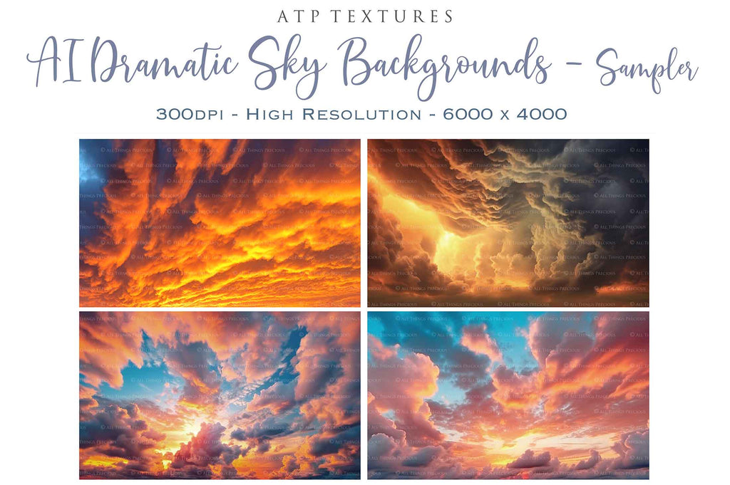 Dramatic Sky Overlays. Digital Backgrounds for Photographers. Add to your images for a dramatic sky effect. Each Digital file is 300dpi. All are 3500x6000.  These are in Jpeg format and high resolution. Find more at ATP Textures store!