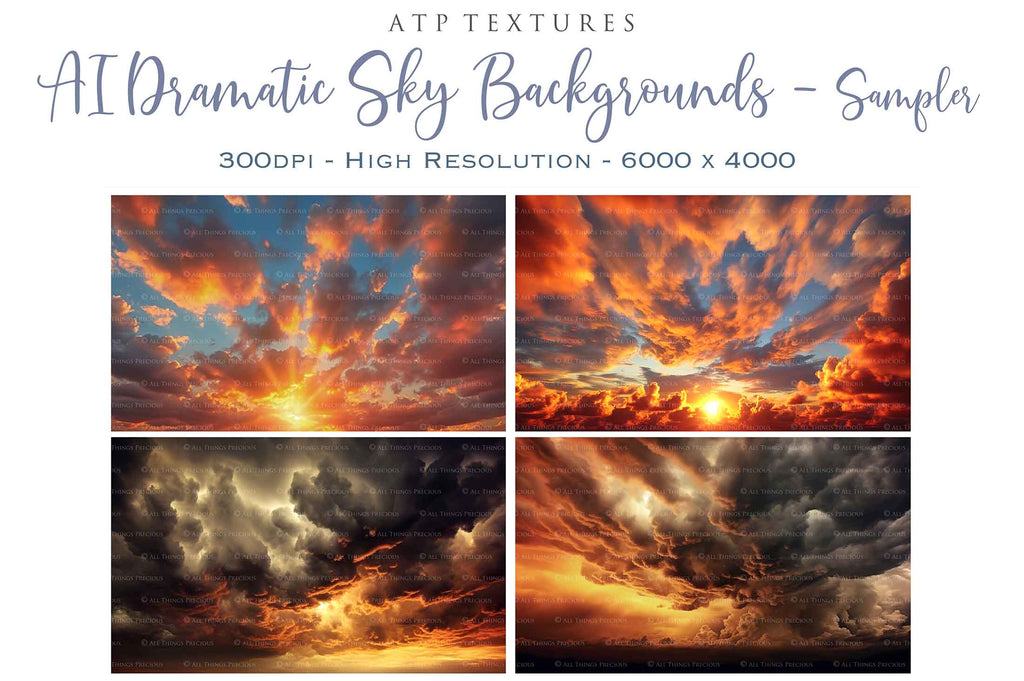 Dramatic Sky Overlays. Digital Backgrounds for Photographers. Add to your images for a dramatic sky effect. Each Digital file is 300dpi. All are 3500x6000.  These are in Jpeg format and high resolution. Find more at ATP Textures store!