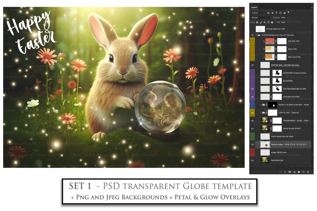 Easter bunny Announcement PSD template and Overlays. Digital Background, with Glows and petals. The globe is transparent, perfect for you to add your own images and retain the glass globe effect.This file is 6000 x 4000, 300dpi. Photography, Scrapbooking, Png, Jpeg, Psd. ATP Textures.