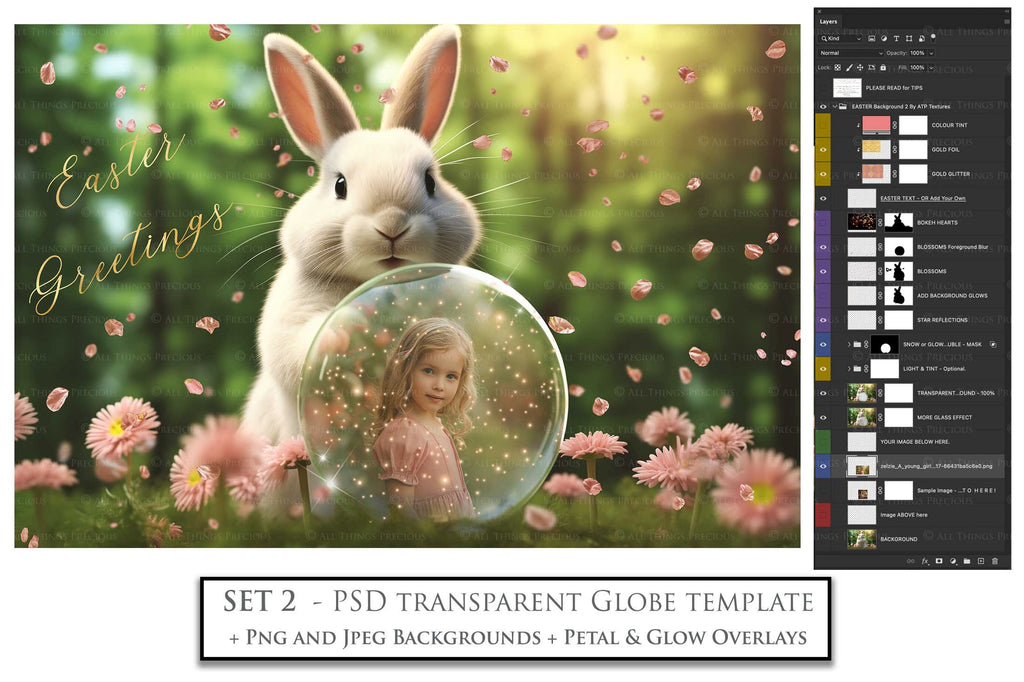 Easter bunny Announcement PSD template and Overlays. Digital Background, with Glows and petals. The globe is transparent, perfect for you to add your own images and retain the glass globe effect.This file is 6000 x 4000, 300dpi. Photography, Scrapbooking, Png, Jpeg, Psd. ATP Textures.