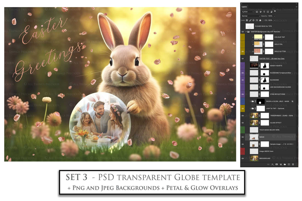 Easter bunny Announcement PSD template and Overlays. Digital Background, with Glows and petals. The globe is transparent, perfect for you to add your own images and retain the glass globe effect.This file is 6000 x 4000, 300dpi. Photography, Scrapbooking, Png, Jpeg, Psd. ATP Textures.