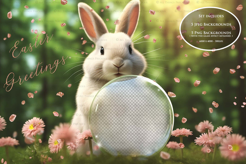 Easter bunny Announcement PSD template and Overlays. Digital Background, with Glows and petals. The globe is transparent, perfect for you to add your own images and retain the glass globe effect.This file is 6000 x 4000, 300dpi. Photography, Scrapbooking, Png, Jpeg, Psd. ATP Textures.