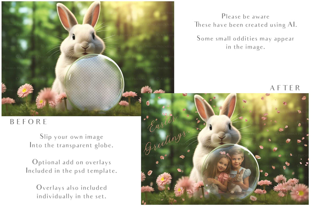 Easter bunny Announcement PSD template and Overlays. Digital Background, with Glows and petals. The globe is transparent, perfect for you to add your own images and retain the glass globe effect.This file is 6000 x 4000, 300dpi. Photography, Scrapbooking, Png, Jpeg, Psd. ATP Textures.