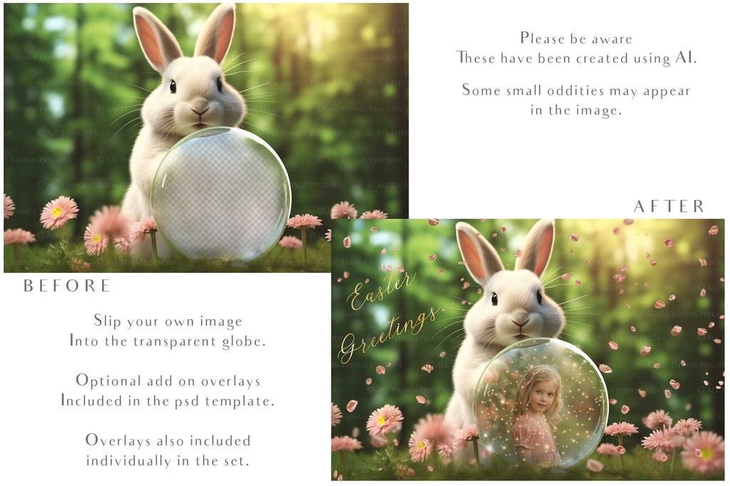 Easter bunny Announcement PSD template and Overlays. Digital Background, with Glows and petals. The globe is transparent, perfect for you to add your own images and retain the glass globe effect.This file is 6000 x 4000, 300dpi. Photography, Scrapbooking, Png, Jpeg, Psd. ATP Textures.