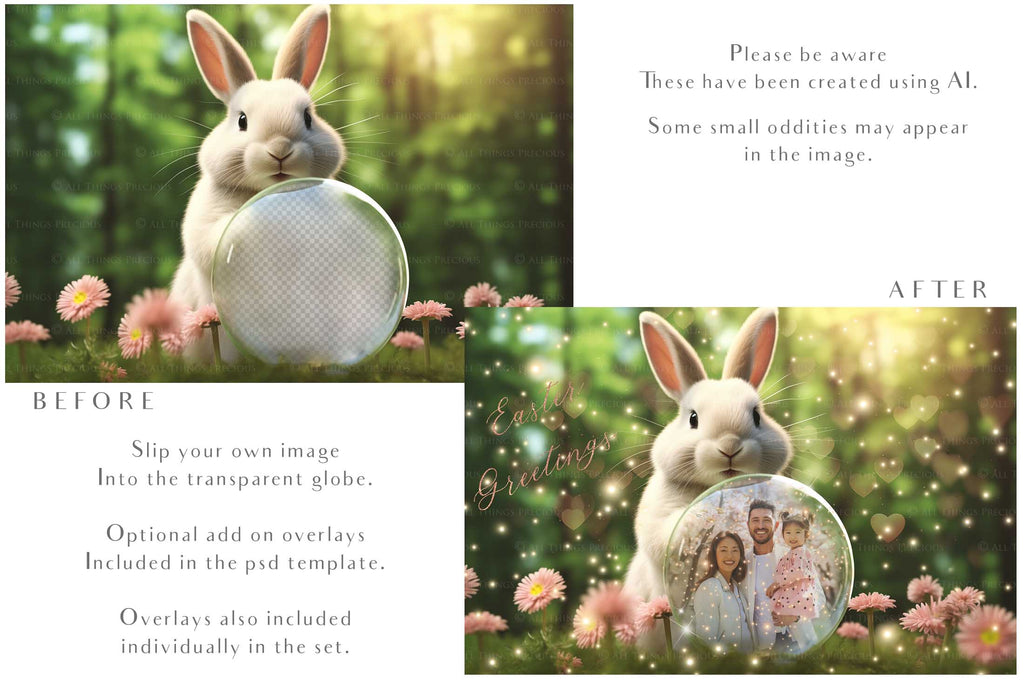 Easter bunny Announcement PSD template and Overlays. Digital Background, with Glows and petals. The globe is transparent, perfect for you to add your own images and retain the glass globe effect.This file is 6000 x 4000, 300dpi. Photography, Scrapbooking, Png, Jpeg, Psd. ATP Textures.