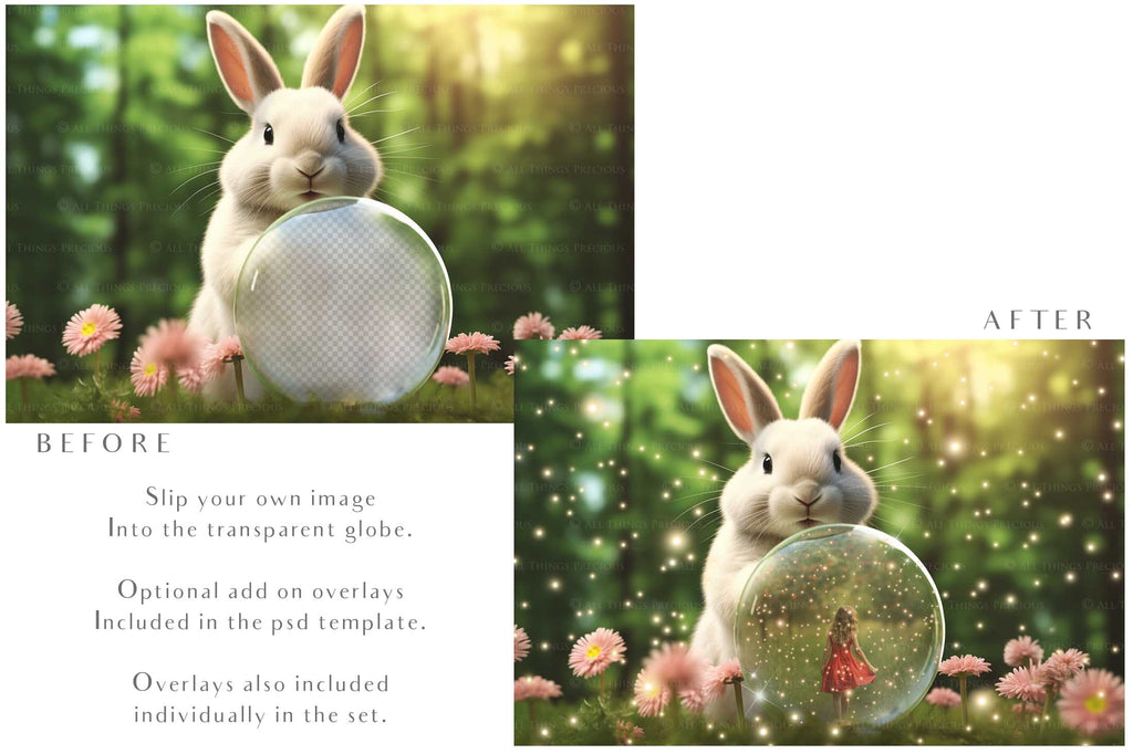 Easter bunny Announcement PSD template and Overlays. Digital Background, with Glows and petals. The globe is transparent, perfect for you to add your own images and retain the glass globe effect.This file is 6000 x 4000, 300dpi. Photography, Scrapbooking, Png, Jpeg, Psd. ATP Textures.