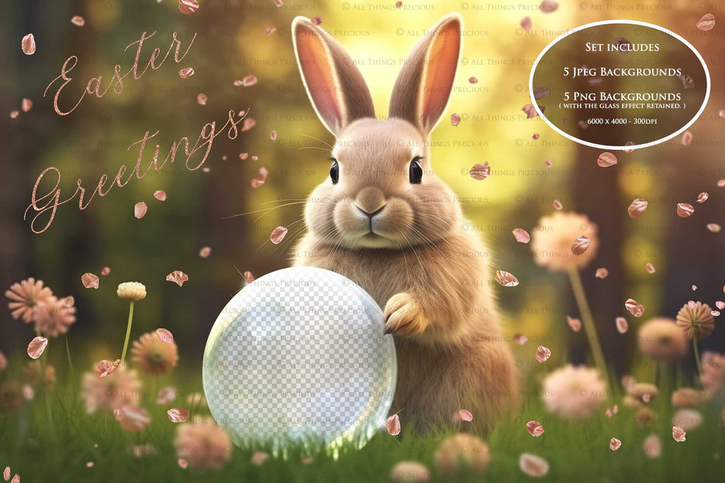 Easter bunny Announcement PSD template and Overlays. Digital Background, with Glows and petals. The globe is transparent, perfect for you to add your own images and retain the glass globe effect.This file is 6000 x 4000, 300dpi. Photography, Scrapbooking, Png, Jpeg, Psd. ATP Textures.