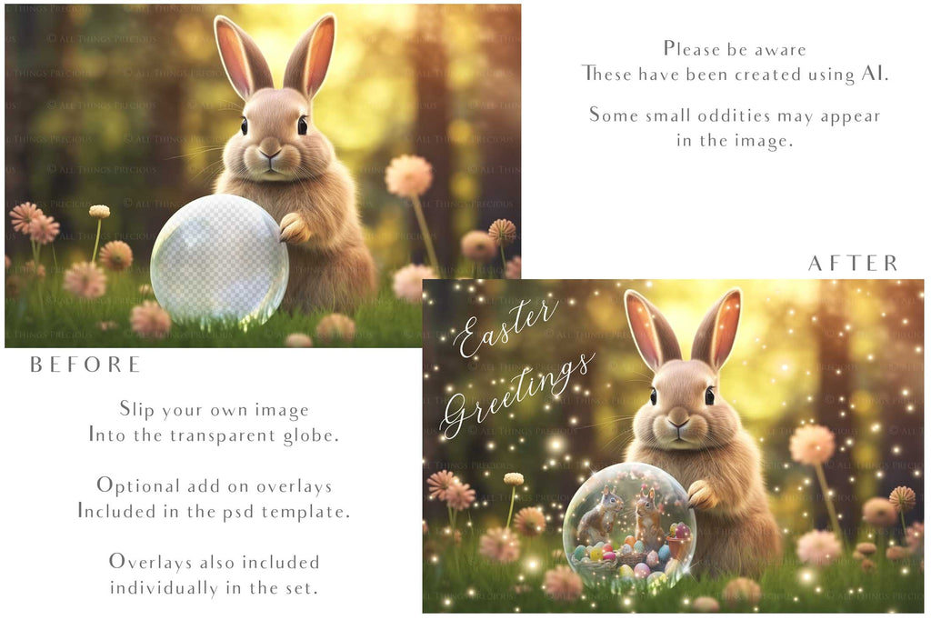 Easter bunny Announcement PSD template and Overlays. Digital Background, with Glows and petals. The globe is transparent, perfect for you to add your own images and retain the glass globe effect.This file is 6000 x 4000, 300dpi. Photography, Scrapbooking, Png, Jpeg, Psd. ATP Textures.