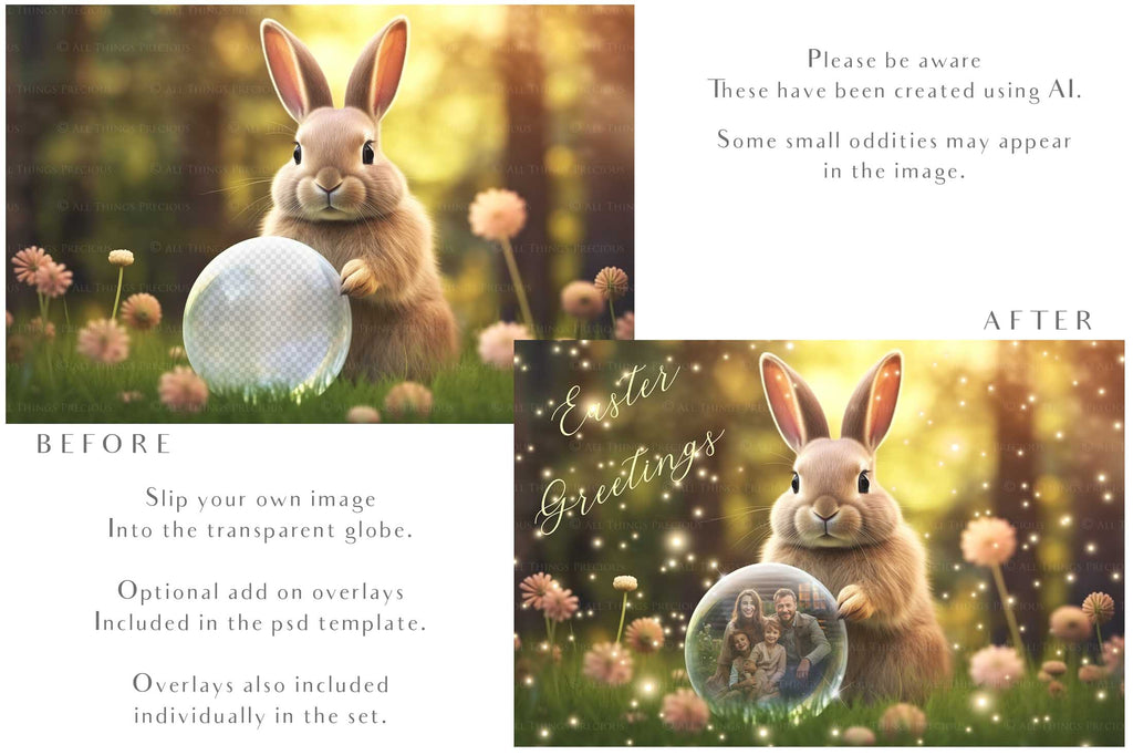 Easter bunny Announcement PSD template and Overlays. Digital Background, with Glows and petals. The globe is transparent, perfect for you to add your own images and retain the glass globe effect.This file is 6000 x 4000, 300dpi. Photography, Scrapbooking, Png, Jpeg, Psd. ATP Textures.