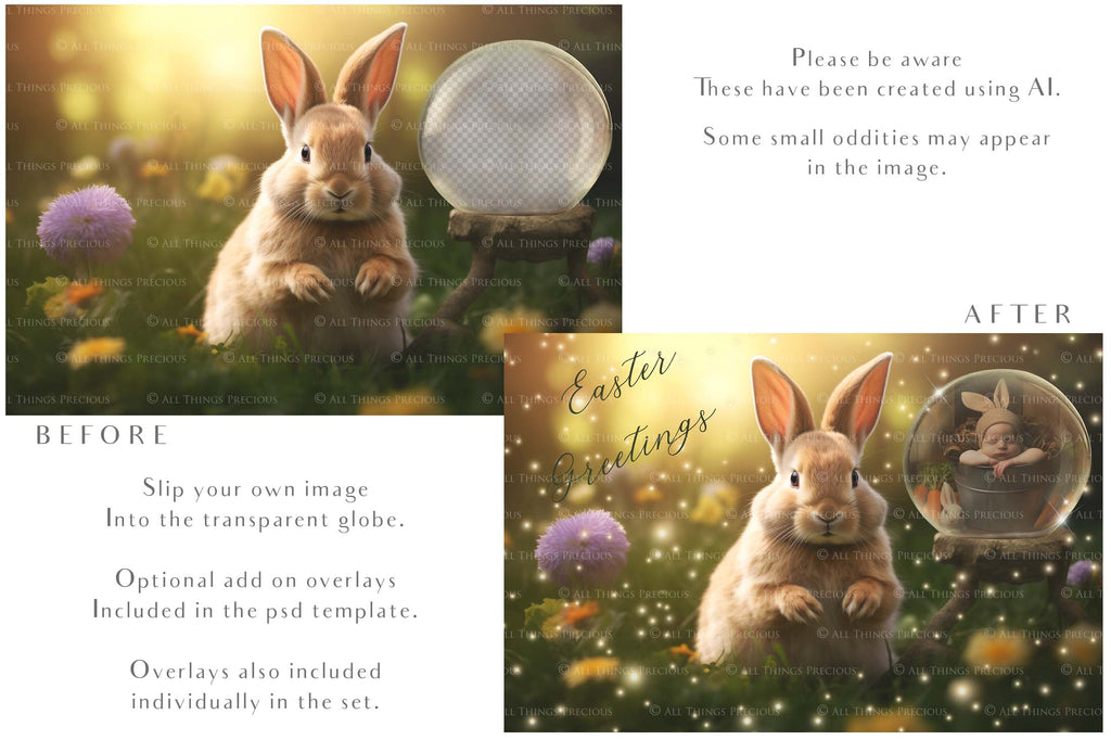 Easter bunny Announcement PSD template and Overlays. Digital Background, with Glows and petals. The globe is transparent, perfect for you to add your own images and retain the glass globe effect.This file is 6000 x 4000, 300dpi. Photography, Scrapbooking, Png, Jpeg, Psd. ATP Textures.