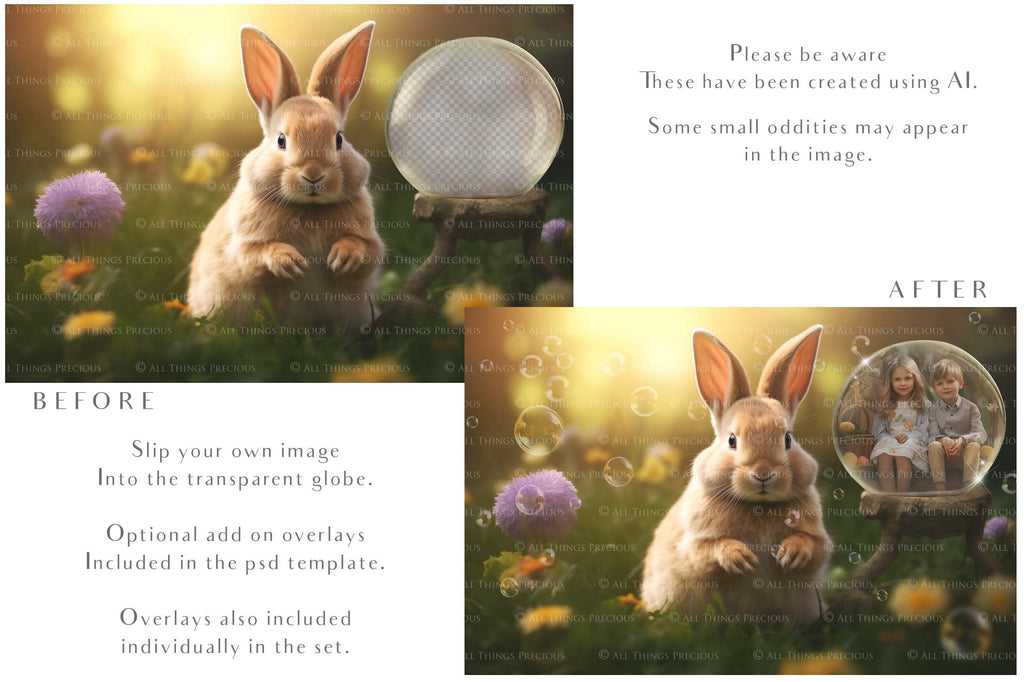 Easter bunny Announcement PSD template and Overlays. Digital Background, with Glows and petals. The globe is transparent, perfect for you to add your own images and retain the glass globe effect.This file is 6000 x 4000, 300dpi. Photography, Scrapbooking, Png, Jpeg, Psd. ATP Textures.