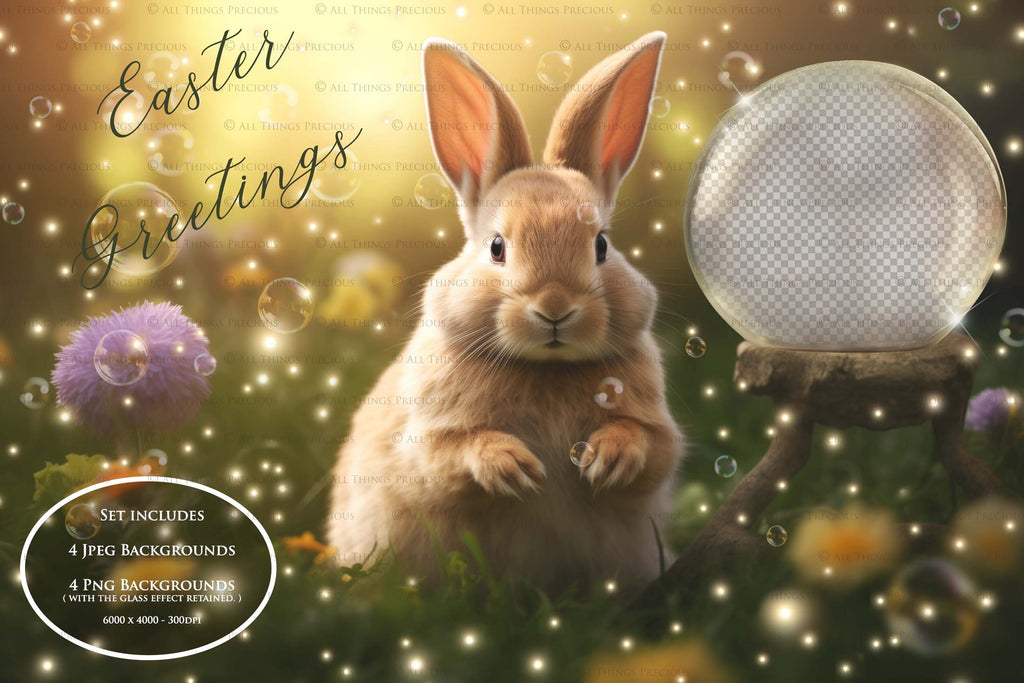 Easter bunny Announcement PSD template and Overlays. Digital Background, with Glows and petals. The globe is transparent, perfect for you to add your own images and retain the glass globe effect.This file is 6000 x 4000, 300dpi. Photography, Scrapbooking, Png, Jpeg, Psd. ATP Textures.