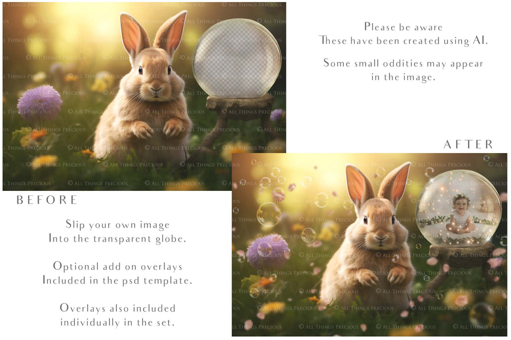 Easter bunny Announcement PSD template and Overlays. Digital Background, with Glows and petals. The globe is transparent, perfect for you to add your own images and retain the glass globe effect.This file is 6000 x 4000, 300dpi. Photography, Scrapbooking, Png, Jpeg, Psd. ATP Textures.