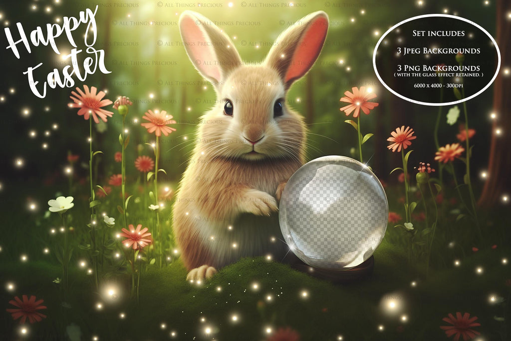 Easter bunny Announcement PSD template and Overlays. Digital Background, with Glows and petals. The globe is transparent, perfect for you to add your own images and retain the glass globe effect.This file is 6000 x 4000, 300dpi. Photography, Scrapbooking, Png, Jpeg, Psd. ATP Textures.