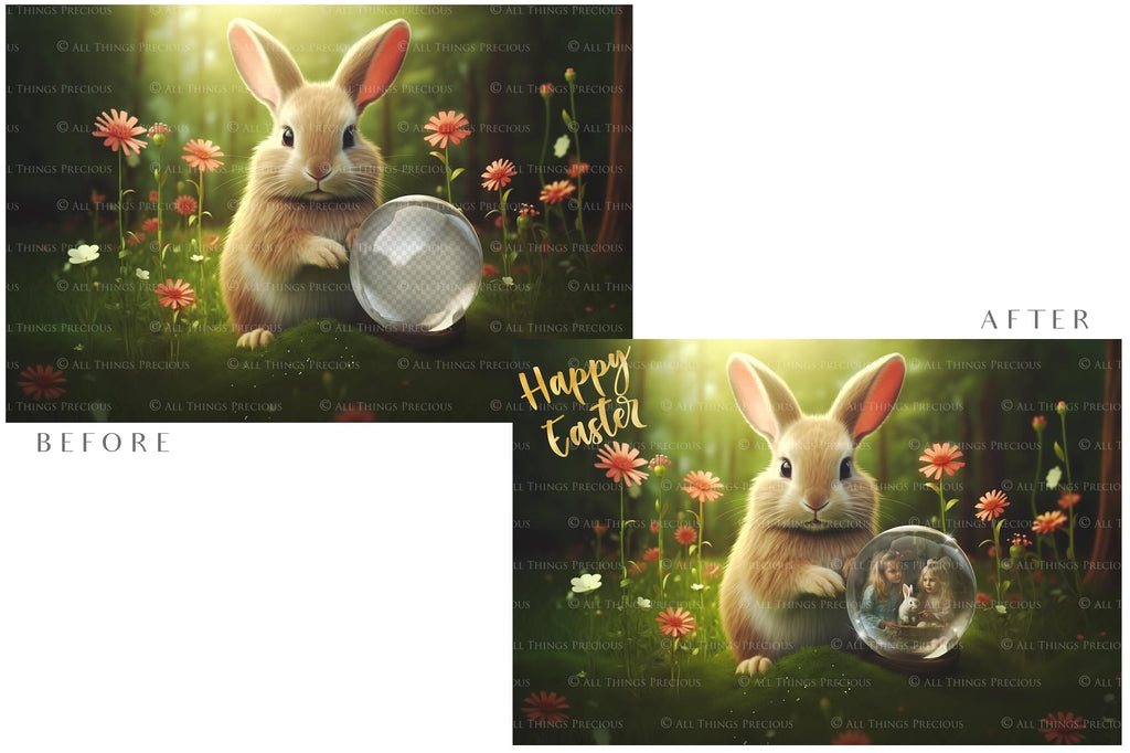 Easter bunny Announcement PSD template and Overlays. Digital Background, with Glows and petals. The globe is transparent, perfect for you to add your own images and retain the glass globe effect.This file is 6000 x 4000, 300dpi. Photography, Scrapbooking, Png, Jpeg, Psd. ATP Textures.