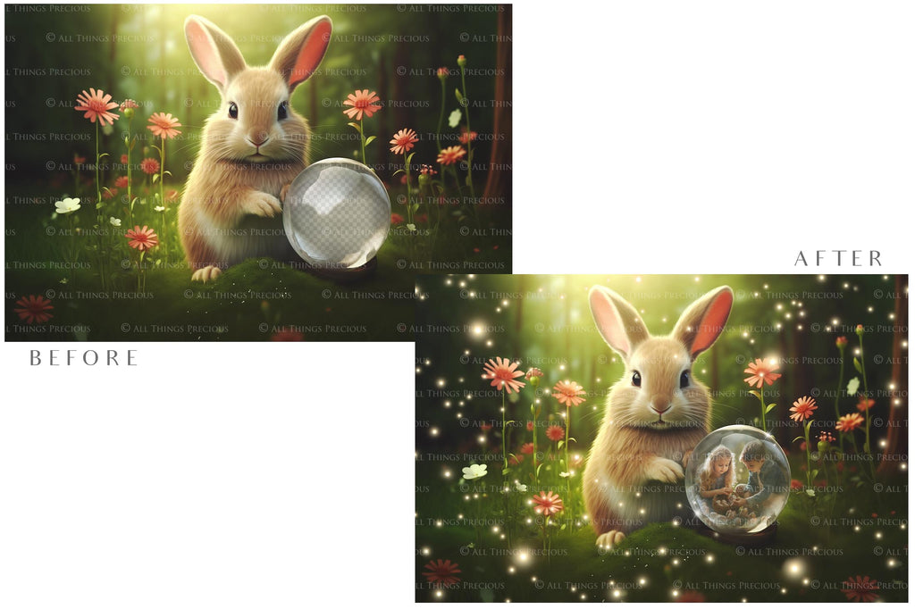 Easter bunny Announcement PSD template and Overlays. Digital Background, with Glows and petals. The globe is transparent, perfect for you to add your own images and retain the glass globe effect.This file is 6000 x 4000, 300dpi. Photography, Scrapbooking, Png, Jpeg, Psd. ATP Textures.