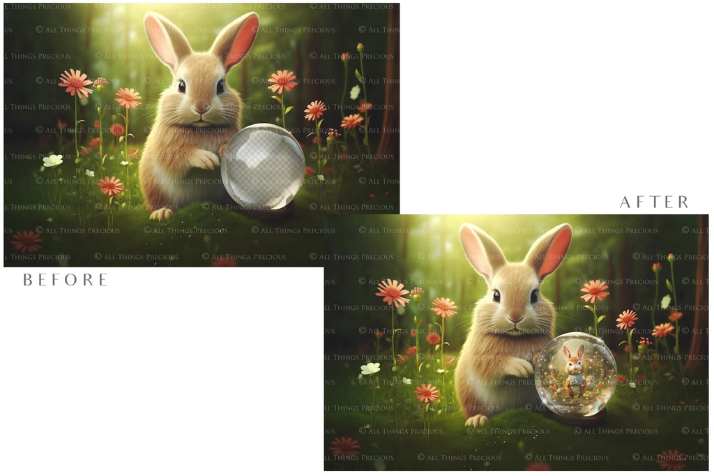 Easter bunny Announcement PSD template and Overlays. Digital Background, with Glows and petals. The globe is transparent, perfect for you to add your own images and retain the glass globe effect.This file is 6000 x 4000, 300dpi. Photography, Scrapbooking, Png, Jpeg, Psd. ATP Textures.