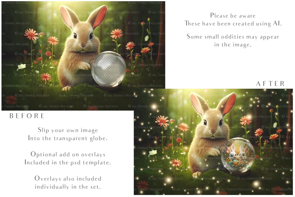 Easter bunny Announcement PSD template and Overlays. Digital Background, with Glows and petals. The globe is transparent, perfect for you to add your own images and retain the glass globe effect.This file is 6000 x 4000, 300dpi. Photography, Scrapbooking, Png, Jpeg, Psd. ATP Textures.