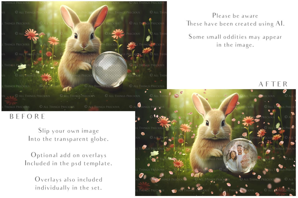 Easter bunny Announcement PSD template and Overlays. Digital Background, with Glows and petals. The globe is transparent, perfect for you to add your own images and retain the glass globe effect.This file is 6000 x 4000, 300dpi. Photography, Scrapbooking, Png, Jpeg, Psd. ATP Textures.