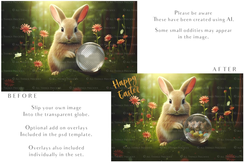 Easter bunny Announcement PSD template and Overlays. Digital Background, with Glows and petals. The globe is transparent, perfect for you to add your own images and retain the glass globe effect.This file is 6000 x 4000, 300dpi. Photography, Scrapbooking, Png, Jpeg, Psd. ATP Textures.