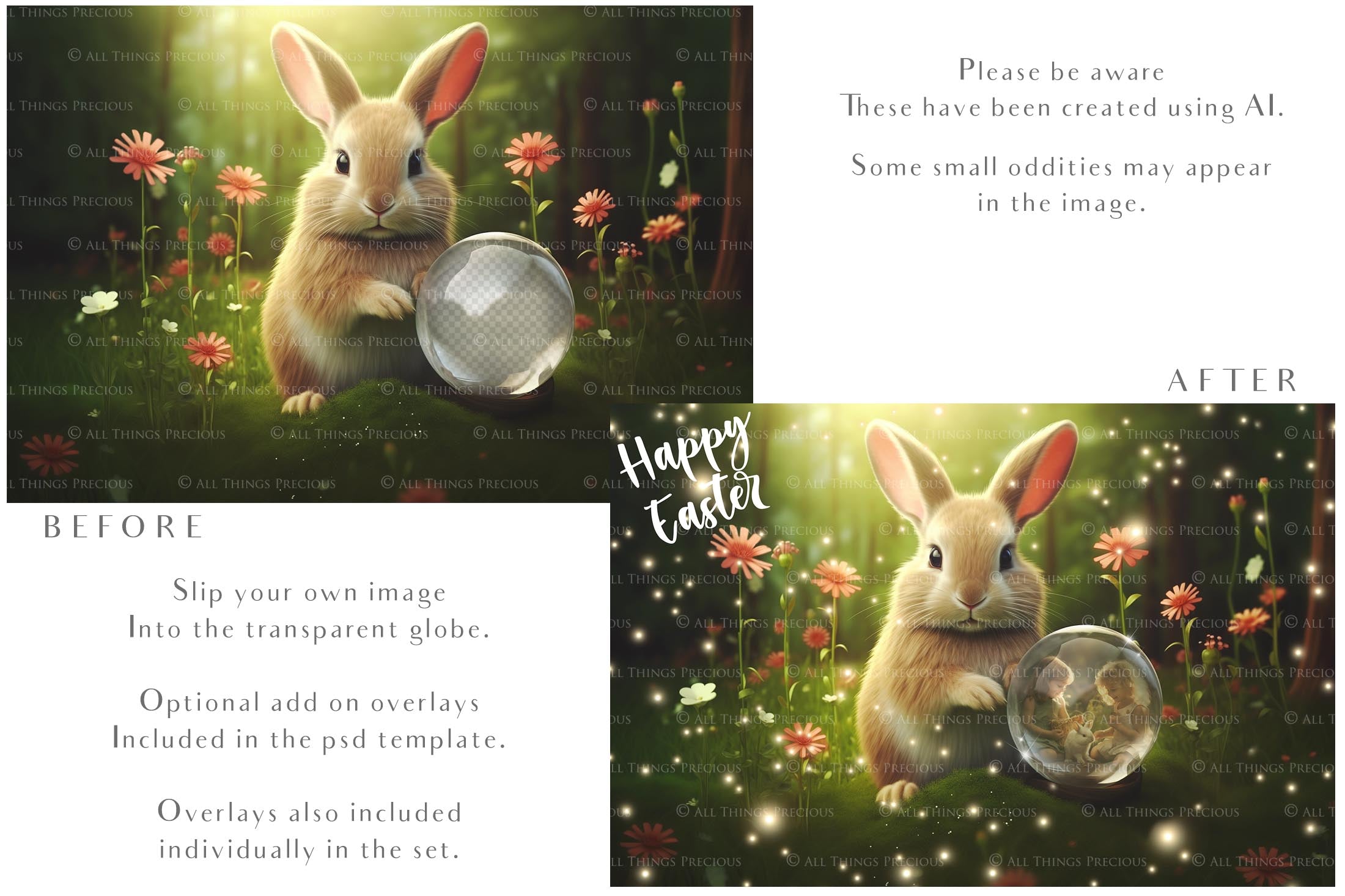 Easter bunny Announcement PSD template and Overlays. Digital Background, with Glows and petals. The globe is transparent, perfect for you to add your own images and retain the glass globe effect.This file is 6000 x 4000, 300dpi. Photography, Scrapbooking, Png, Jpeg, Psd. ATP Textures.