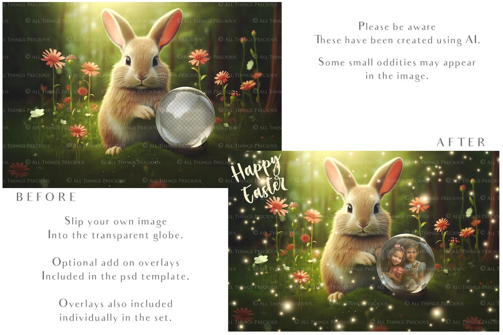 Easter bunny Announcement PSD template and Overlays. Digital Background, with Glows and petals. The globe is transparent, perfect for you to add your own images and retain the glass globe effect.This file is 6000 x 4000, 300dpi. Photography, Scrapbooking, Png, Jpeg, Psd. ATP Textures.