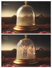 Load image into Gallery viewer, Digital Background with Snow Globe, snow flurries and a PSD Template included in the set.The globe is transparent, perfect for you to add your own images and retain the snow globe effect. This file is 6000 x 4000, 300dpi. High resolution. This is a DIGITAL product. Includes png glow overlays effect.
