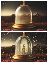 Load image into Gallery viewer, Digital Background with Snow Globe, snow flurries and a PSD Template included in the set.The globe is transparent, perfect for you to add your own images and retain the snow globe effect. This file is 6000 x 4000, 300dpi. High resolution. This is a DIGITAL product. Includes png glow overlays effect.
