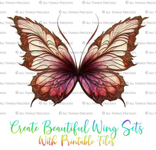 Load image into Gallery viewer, Printable Wings template. For Adult sized wings, child wings, Art dolls. Fairy wings for cosplay. Faerie fantasy, festival, halloween, Costume. Print and assemble. Pattern for making fairy wings.  High resolution Files. Png Overlays. Stained Glass.
