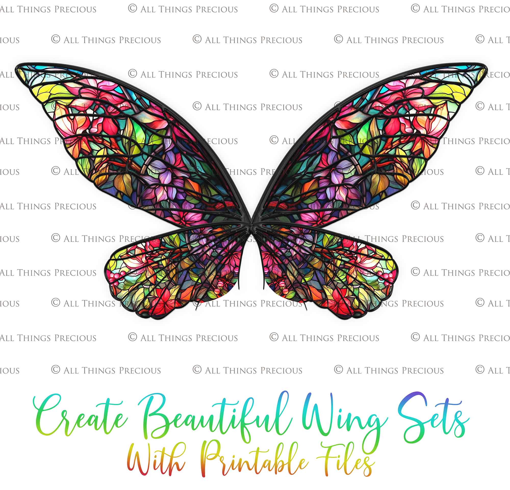 Printable Wings template. For Adult sized wings, child wings, Art dolls. Fairy wings for cosplay. Faerie fantasy, festival, halloween, Costume. Print and assemble. Pattern for making fairy wings.  High resolution Files. Png Overlays. Stained Glass.