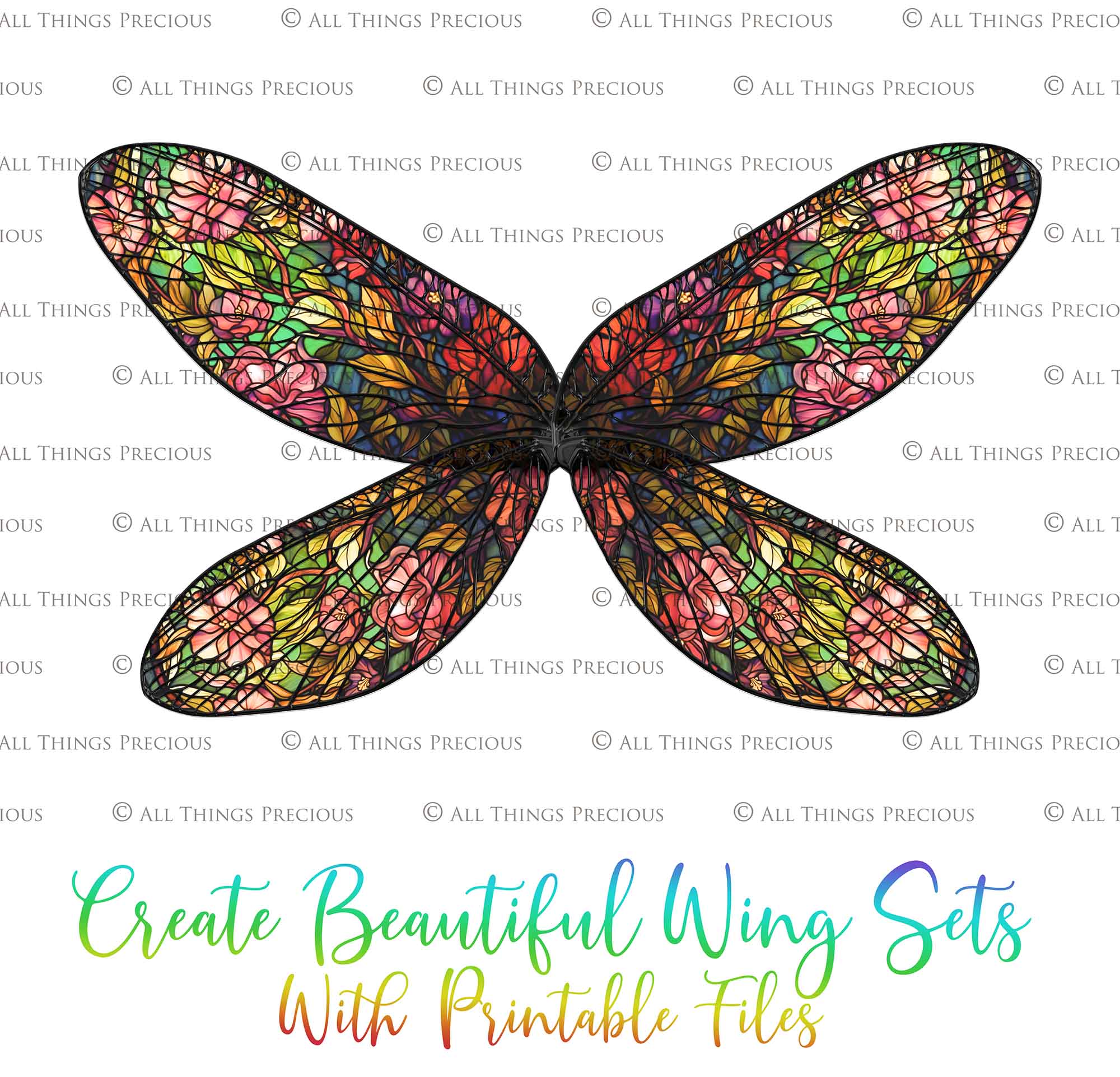 Printable Wings template. For Adult sized wings, child wings, Art dolls. Fairy wings for cosplay. Faerie fantasy, festival, halloween, Costume. Print and assemble. Pattern for making fairy wings.  High resolution Files. Png Overlays. Stained Glass.
