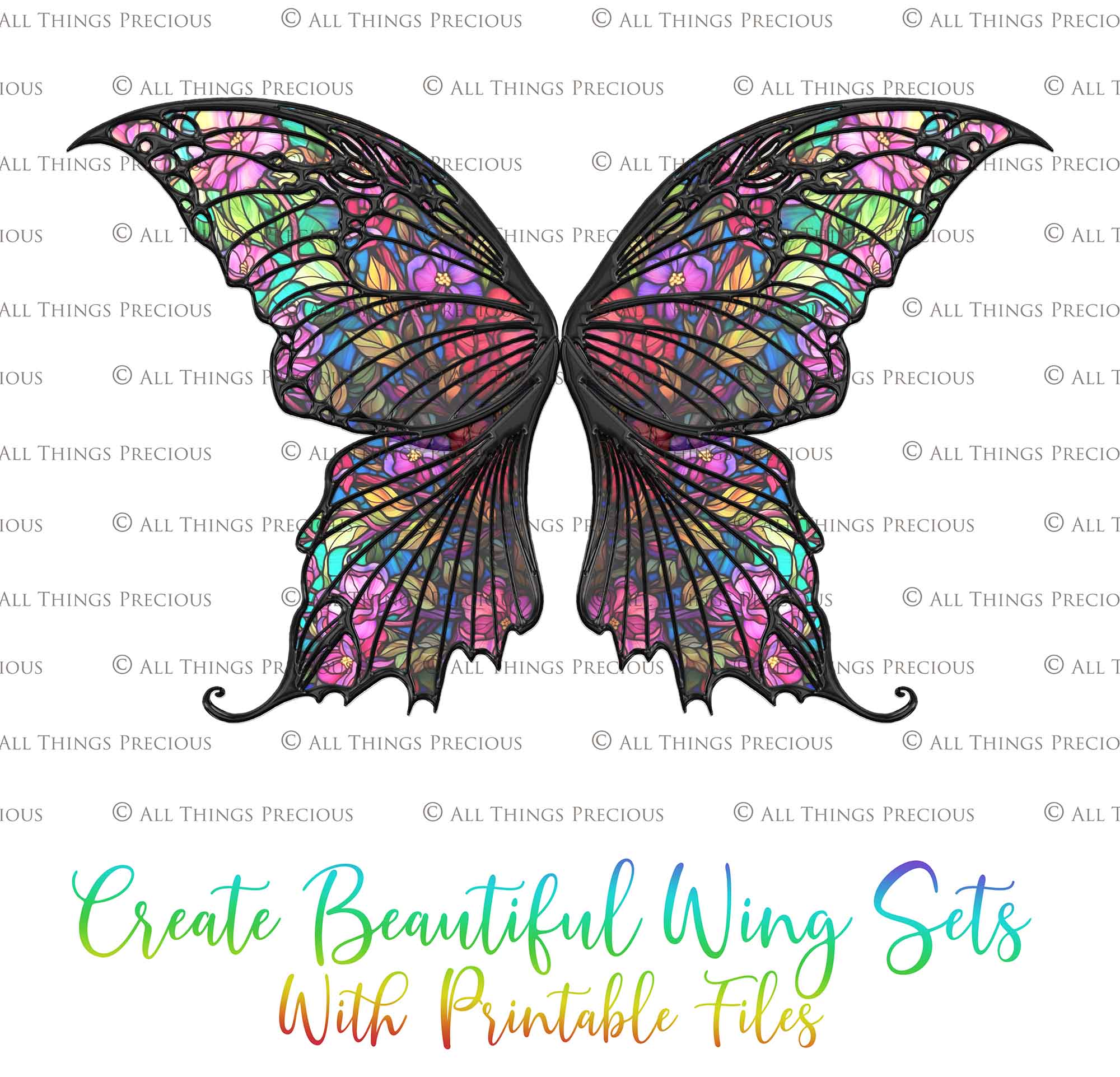 Printable Wings template. For Adult sized wings, child wings, Art dolls. Fairy wings for cosplay. Faerie fantasy, festival, halloween, Costume. Print and assemble. Pattern for making fairy wings.  High resolution Files. Png Overlays. Stained Glass. Template for paper craft. Diy Wings. Make your own.