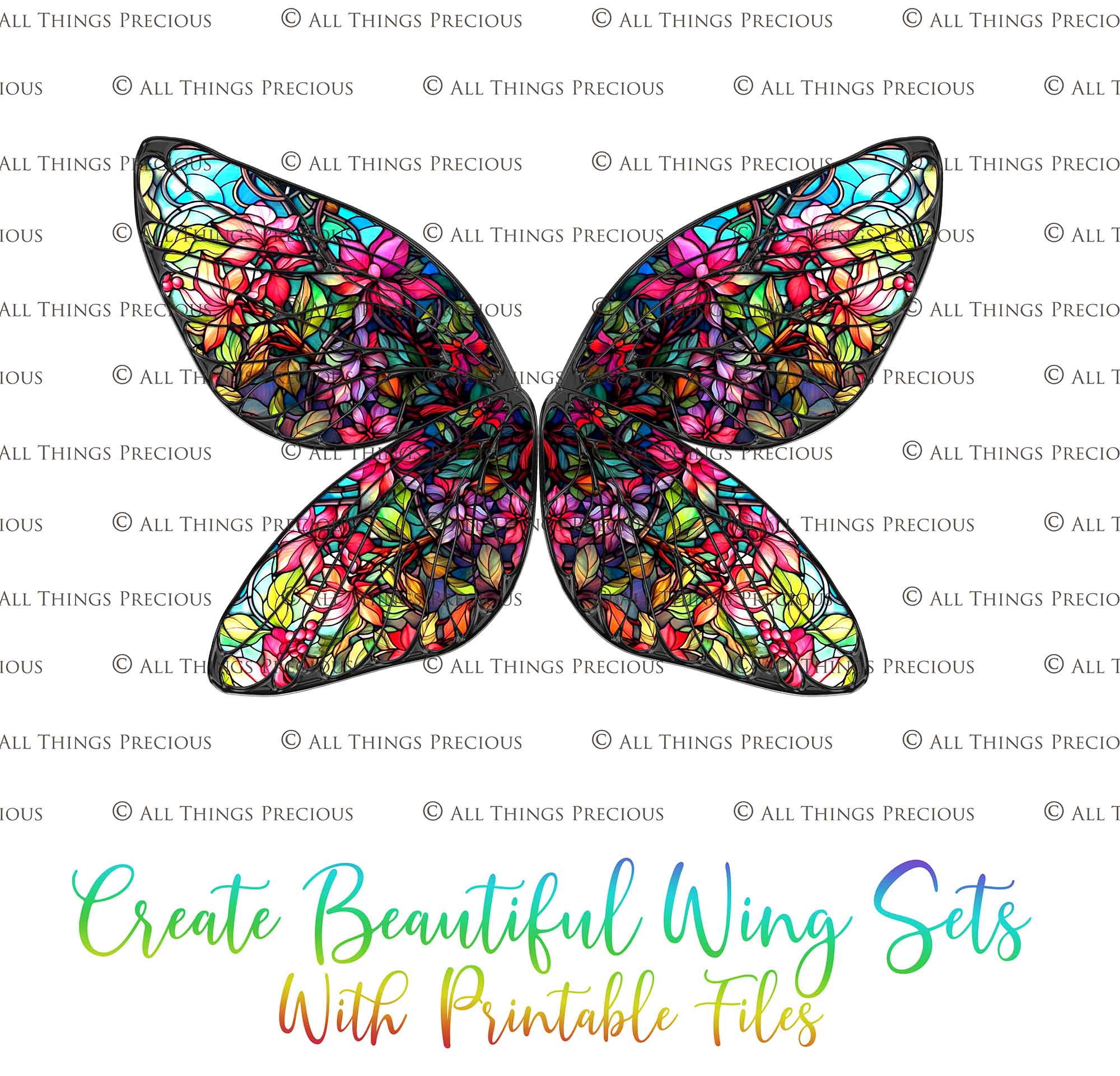 Printable Wings template. For Adult sized wings, child wings, Art dolls. Fairy wings for cosplay. Faerie fantasy, festival, halloween, Costume. Print and assemble. Pattern for making fairy wings.  High resolution Files. Png Overlays. Stained Glass. Template for paper craft. Diy Wings. Make your own.