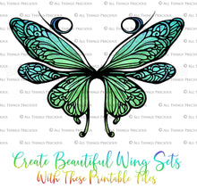 Load image into Gallery viewer, Printable Fairy Wings. For Art Dolls, Adults, Kids. High resolution, png files. This is a digital product. Print and cut Pattern template. Paper craft. Create fairy wing earrings or crown jewelry from these designs. Cosplay Costume Crafts. Commercial licence is available. Halloween.
