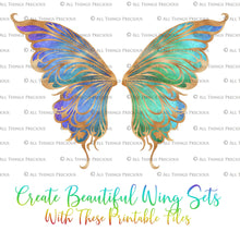 Load image into Gallery viewer, Printable Fairy Wings. For Art Dolls, Adults, Kids. High resolution, png files. This is a digital product. Print and cut Pattern template. Paper craft. Create fairy wing earrings or crown jewelry from these designs. Cosplay Costume Crafts. Commercial licence is available. Halloween.

