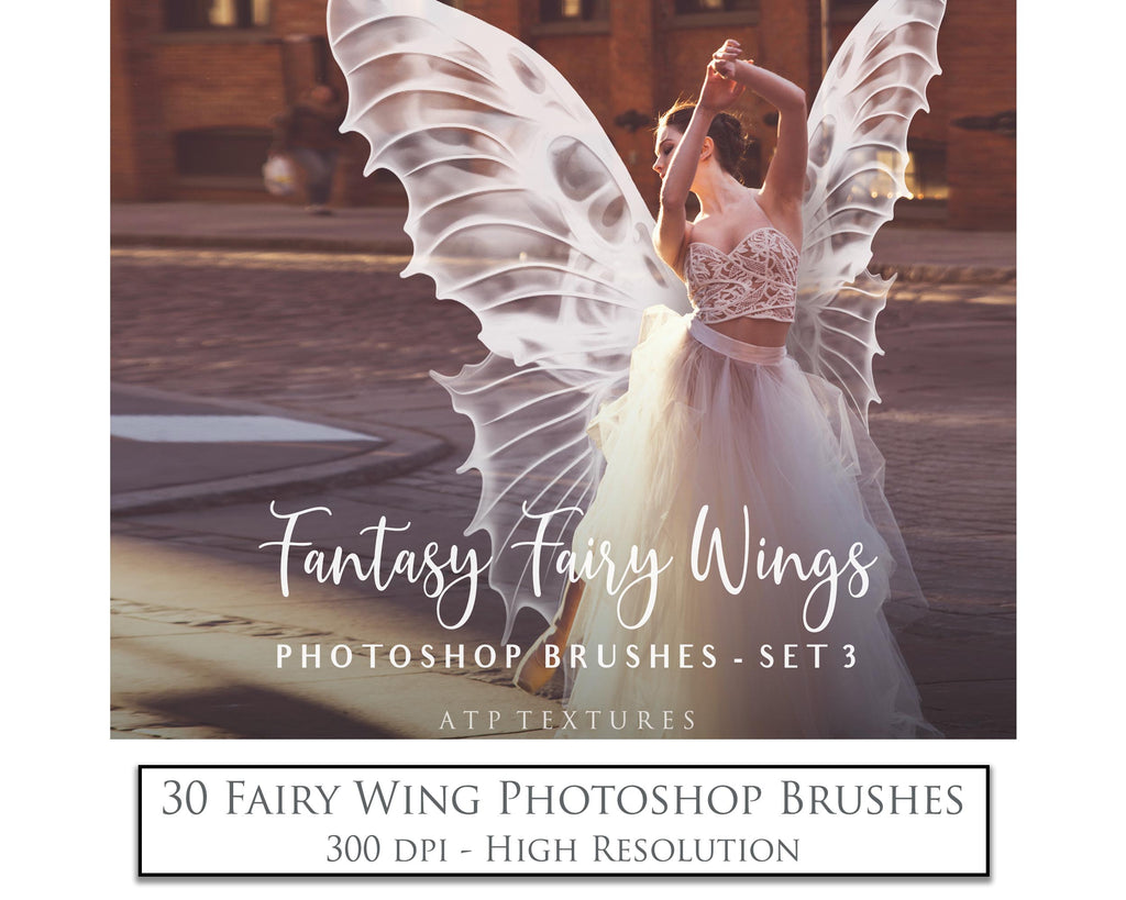 Photoshop Brushes in high resolution. Gorgeous fairy wings in 30 styles. Perfect for your fantasy edit, photography and digital art. Fairy Wings Overlays. Transparent, high resolution wings for photographers. Fantasy digital art, Child portraiture. White fairy wings. Digital download. Graphic effects. ATP Textures