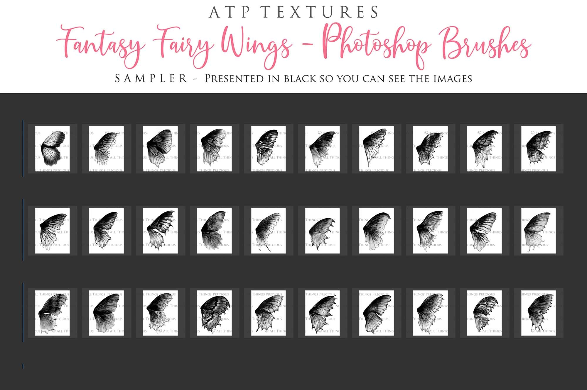 Photoshop Brushes in high resolution. Gorgeous fairy wings in 30 styles. Perfect for your fantasy edit, photography and digital art. Fairy Wings Overlays. Transparent, high resolution wings for photographers. Fantasy digital art, Child portraiture. White fairy wings. Digital download. Graphic effects. ATP Textures