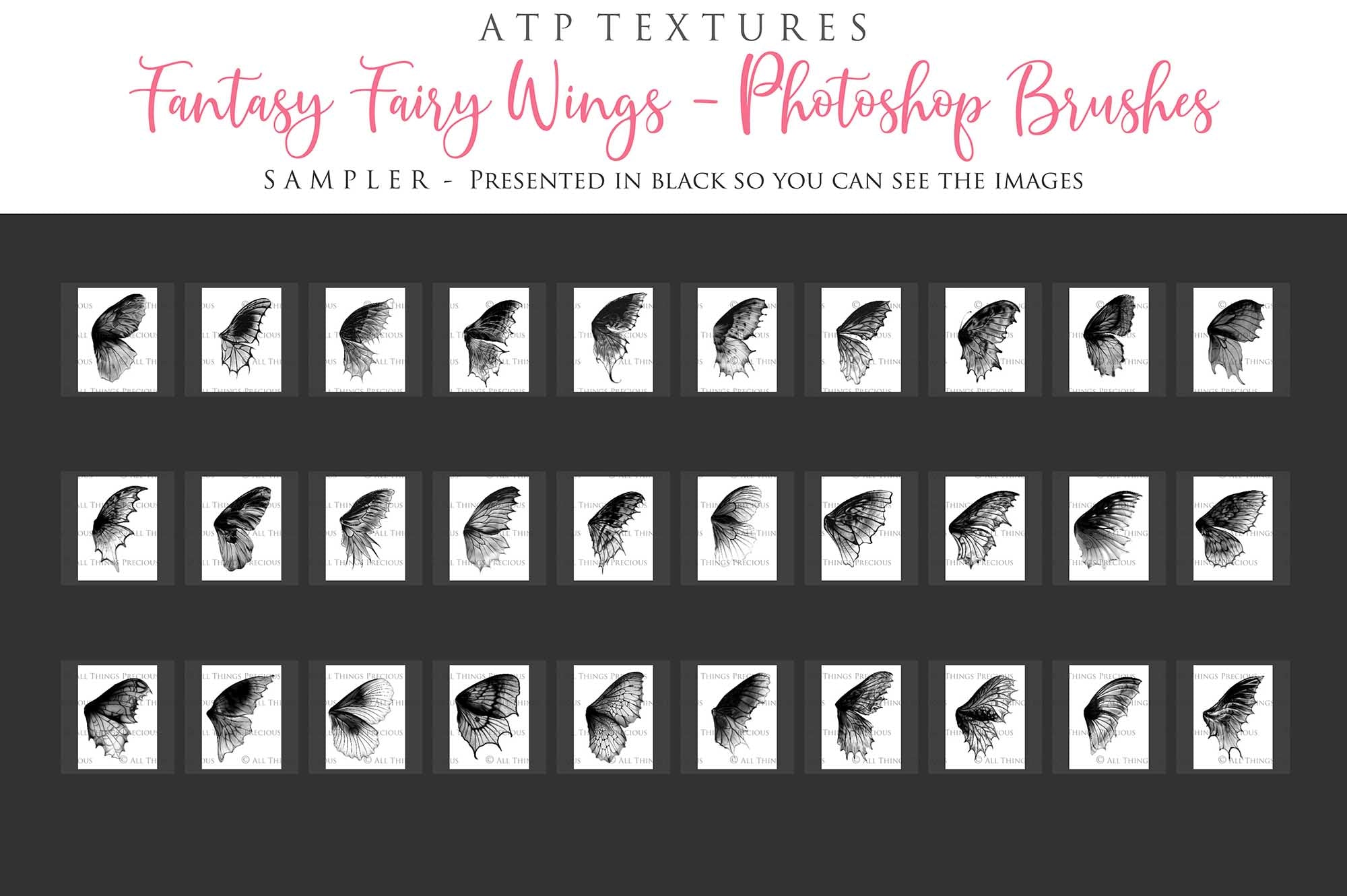 Photoshop Brushes in high resolution. Gorgeous fairy wings in 30 styles. Perfect for your fantasy edit, photography and digital art. Fairy Wings Overlays. Transparent, high resolution wings for photographers. Fantasy digital art, Child portraiture. White fairy wings. Digital download. Graphic effects. ATP Textures