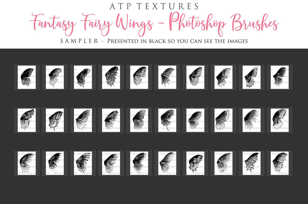 Photoshop Brushes in high resolution. Gorgeous fairy wings in 30 styles. Perfect for your fantasy edit, photography and digital art. Fairy Wings Overlays. Transparent, high resolution wings for photographers. Fantasy digital art, Child portraiture. White fairy wings. Digital download. Graphic effects. ATP Textures