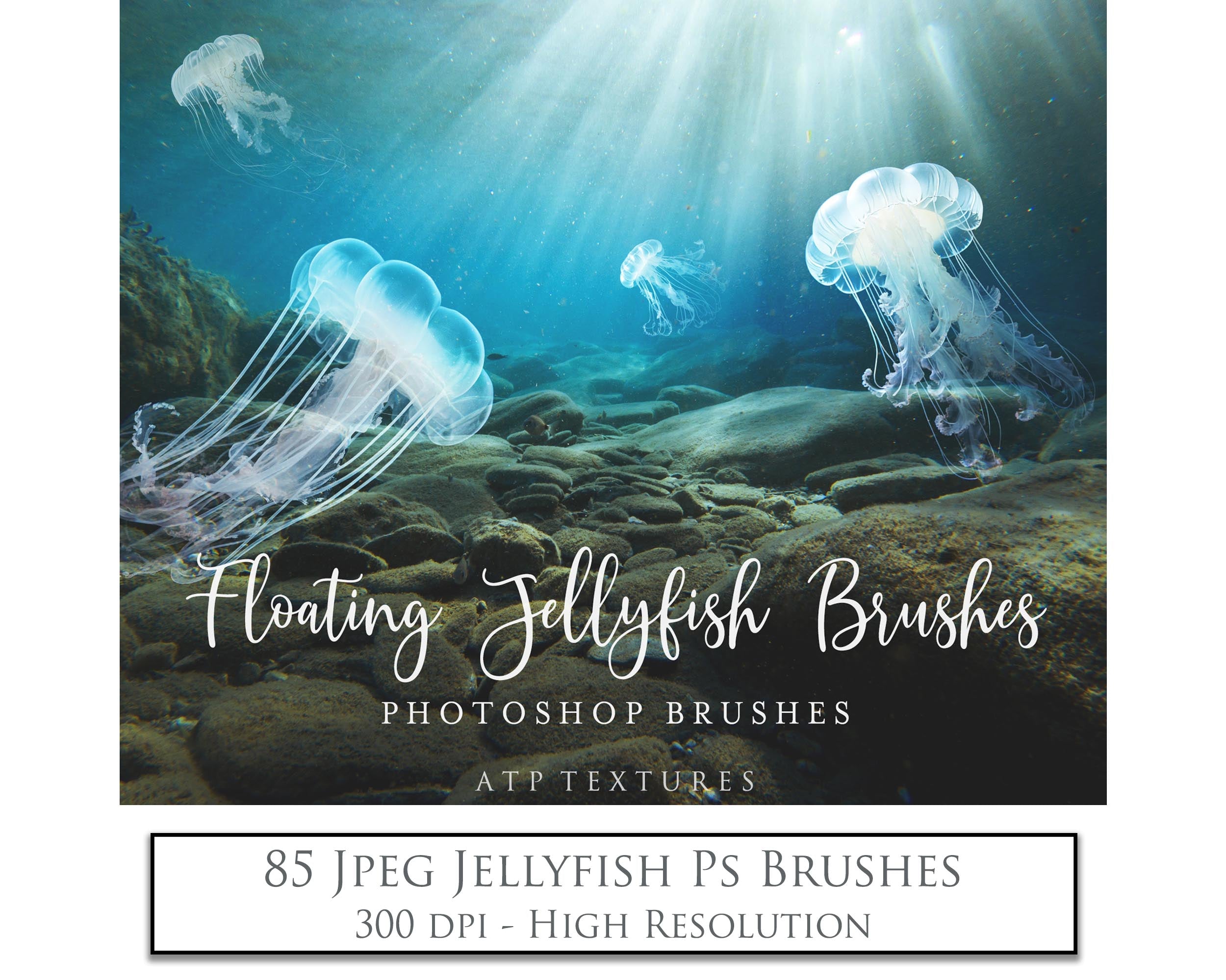 Jellyfish and underwater bubbles Photoshop brushes for photography and digital design.  Digital Stamps for scrapbooking, photography and graphic design. Assets and Add ons. High resolution digital files.  ATP Textures 