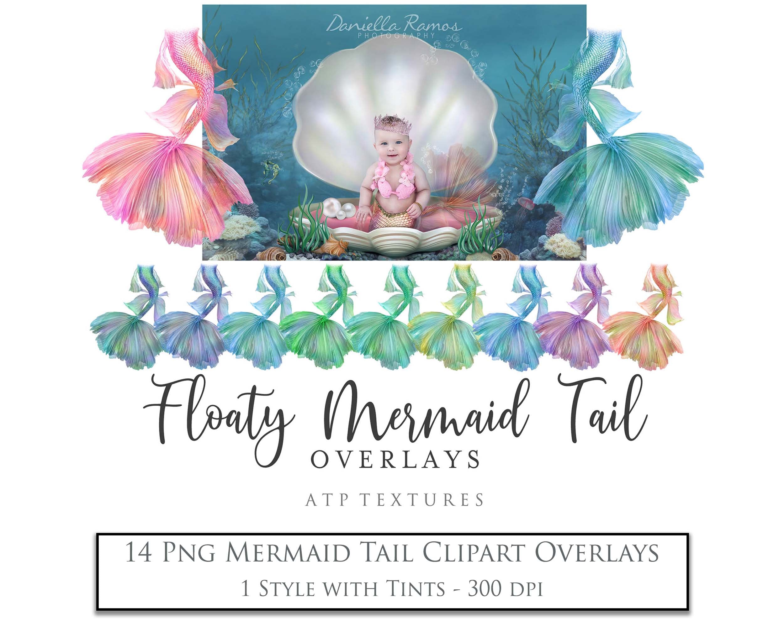 Mermaid Tail fin overlays in colourful tints. By ATP Textures Ocean undersea digital backgrounds.