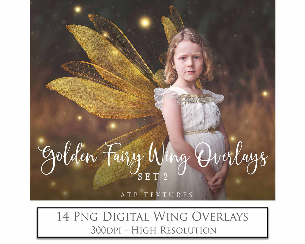 Golden fairy wings, Png overlays for photoshop. High resolution transparent, see through wings. Fairycore, Cosplay, Photographers, Photoshop Edits, Digital overlay for photography. Digital stock and resources. Graphic design. Colourful, Gold, Fantasy Wing Bundle. Assets for Fine Art design. By ATP Textures