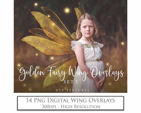 Golden fairy wings, Png overlays for photoshop. High resolution transparent, see through wings. Fairycore, Cosplay, Photographers, Photoshop Edits, Digital overlay for photography. Digital stock and resources. Graphic design. Colourful, Gold, Fantasy Wing Bundle. Assets for Fine Art design. By ATP Textures