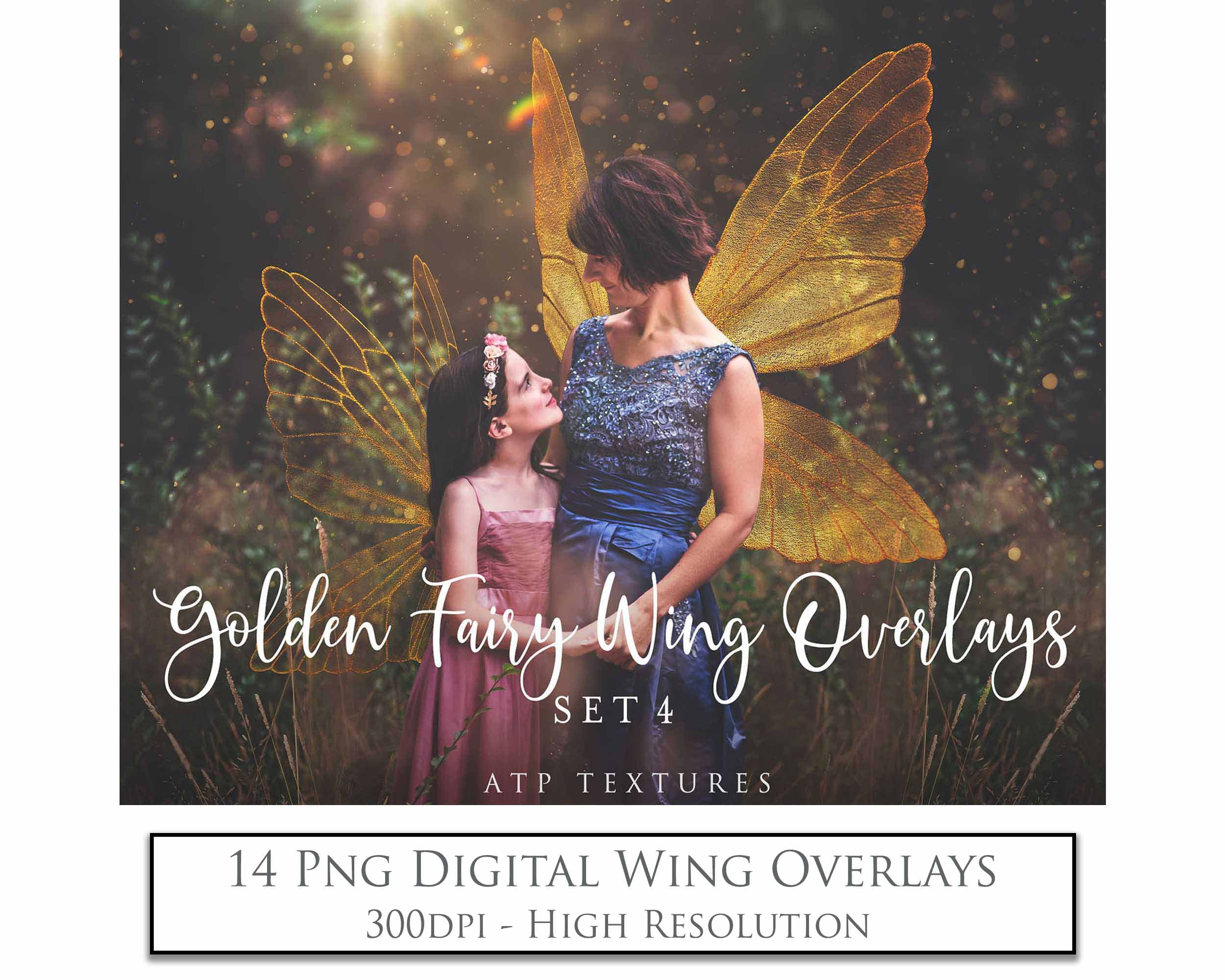 Golden fairy wings, Png overlays for photoshop. High resolution transparent, see through wings. Fairycore, Cosplay, Photographers, Photoshop Edits, Digital overlay for photography. Digital stock and resources. Graphic design. Colourful, Gold, Fantasy Wing Bundle. Assets for Fine Art design. By ATP Textures
